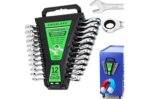 SWANLAKE GARDEN TOOLS 12-Piece Ratchet Wrench Set, Metric 6-18mm Ratchet Combination Wrenches Set, 12-Point 72-Tooth Ratcheting Spanners with Magnetic Base Organizer, Chrome Vanadium Steel for Automotive Mechanic Tool