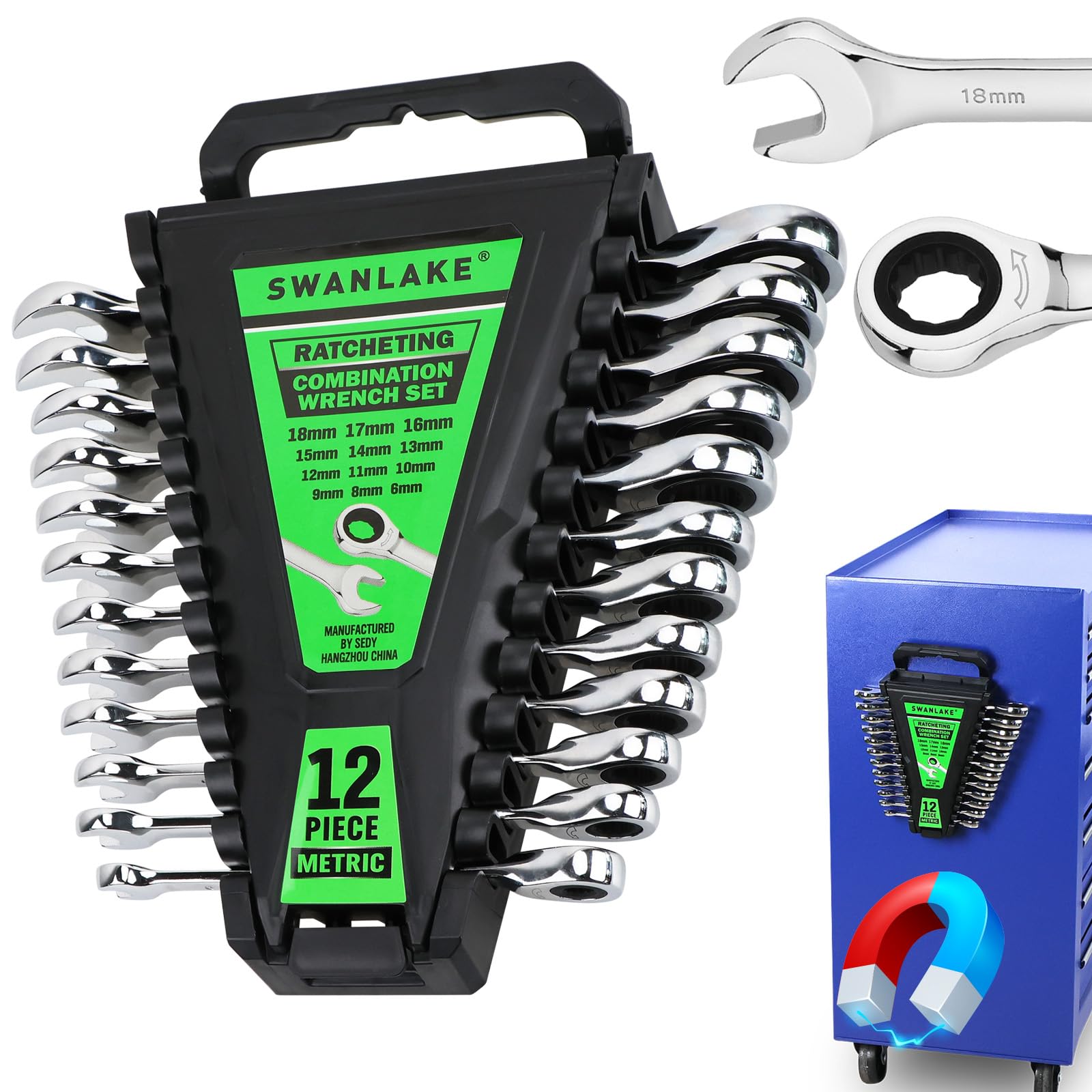 Photo 1 of 12-Piece Ratchet Wrench Set, Metric 6-18mm Ratchet Combination Wrenches Set, 12-Point 72-Tooth Ratcheting Spanners with Magnetic Base Organizer, Chrome Vanadium Steel for Automotive Mechanic Tool
