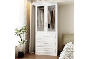 FUFU&GAGA Wardrobe Closet with Glass Doors, Modern White Bedroom Armoire with Gold Handles, Modern Clothes Storage Cabinet with 3 Drawers, Hanging Rod, 31.7”W x 19.3”D x 74.8”H