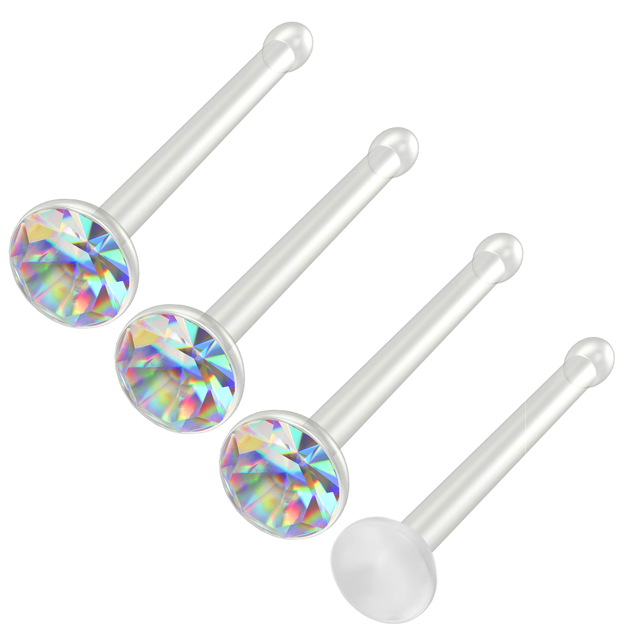 Bling Piercing 4pc 0.8mm 20g 0.8mm Nose Studs Bone Straight Bar Nostril Ring Surgical Steel 2.5mm Crystal AB Bioflex Stud Retainer Keeper