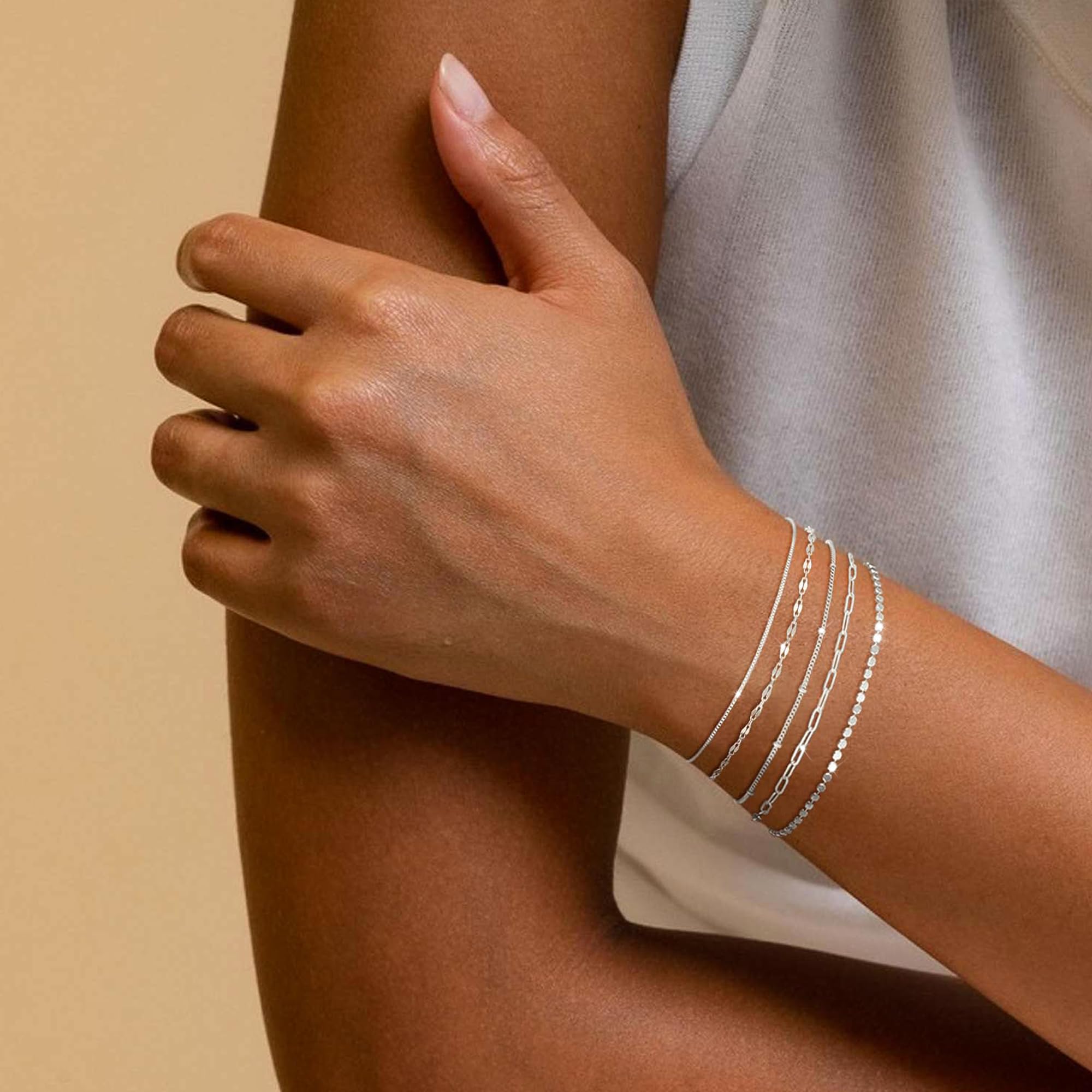 MBW Silver Bracelets for Women, Dainty Silver Bracelets for Women Set 14K Silver Bracelet Stack Waterproof Jewelry for Women Trendy Minimalist Simple Small Thin Bracelet Set for Women Teen Girls Gift