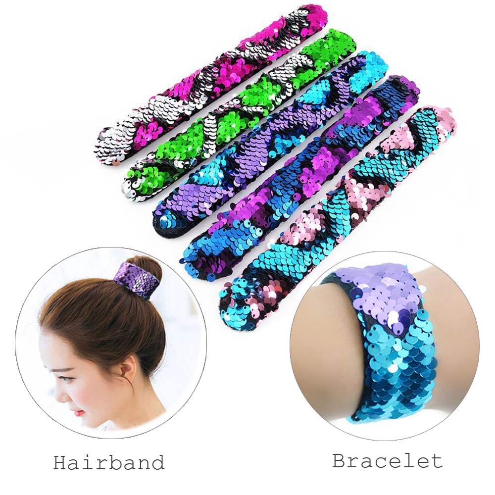 Magic Mermaid Slap Bracelet Two-color Reversible Shining Flip Sequins & Velvet Lining for Birthday Party Favors Christmas Gifts,Wristband Bracelet for Kids,Girls,Boys,Women (6 pack)