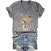 V Neck T Shirts for Women Funny Boho Wildflower Shirt Cute Floral Graphic Tees Short Sleeve Summer Tops