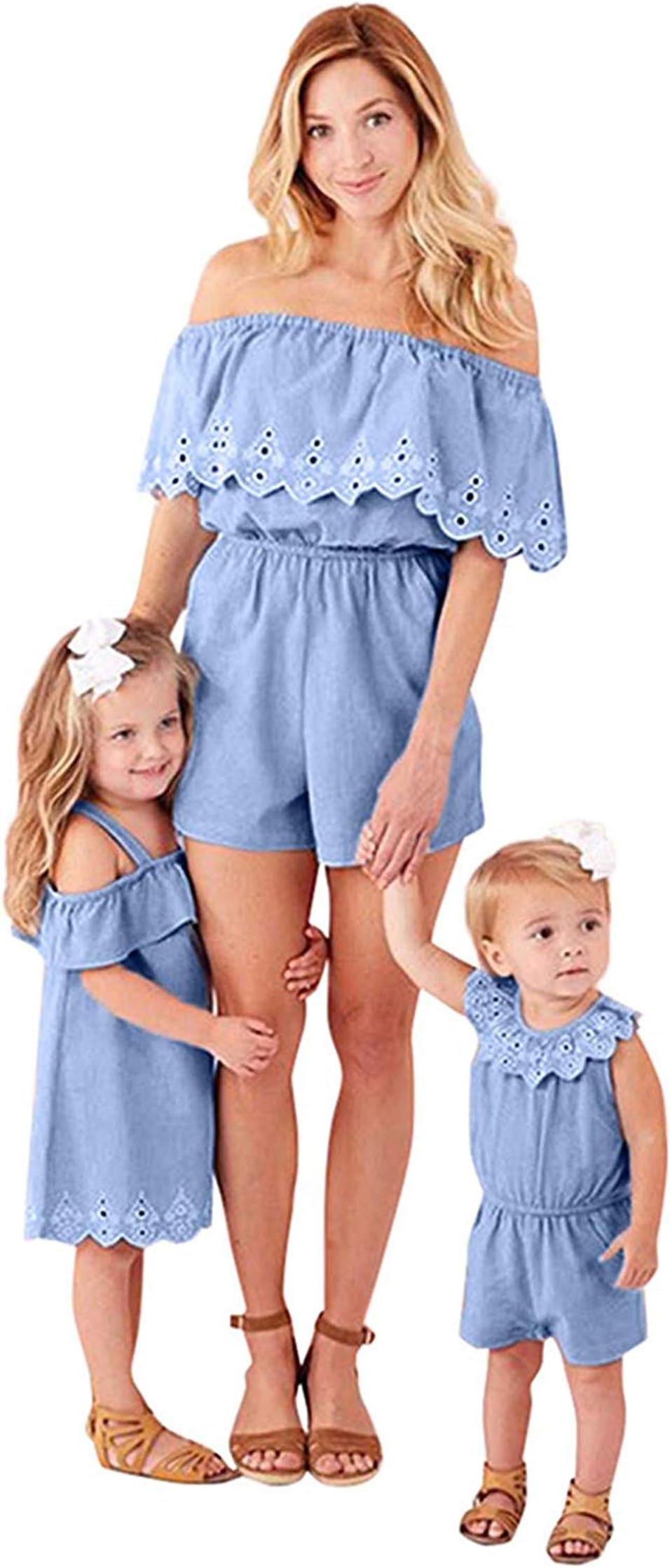 Family Matching Summer Denim Outfits Mommy and Me Off Shoulder Short Sleeve Loose Fit Short Romper Dress