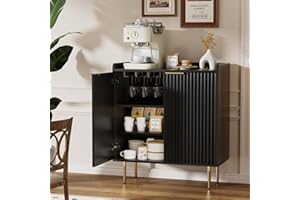 EOYUTLLY Coffee Bar Cabinet with Wine Rack & Glass Holder, Liquor Cabinet with Fluted Doors, Modern Sideboard Buffet Cabinet with Drawer Storage for Living Room Kitchen, Black