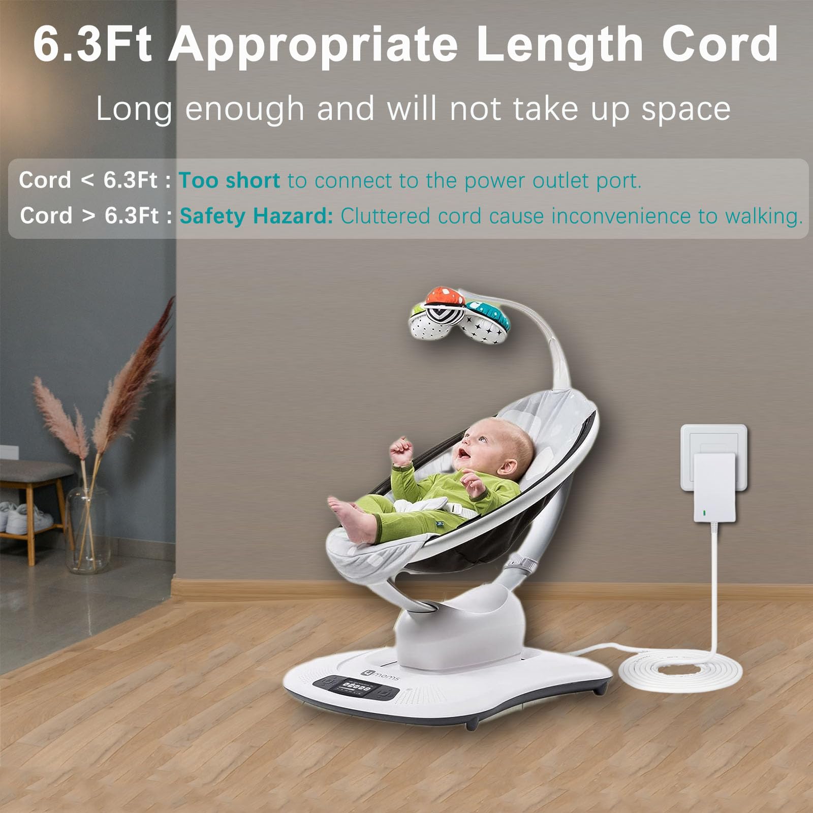 12V 3A Power Cord for 4moms mamaRoo 2/4, for Rockaroo Baby Swing, for mamaroo 2015 Infant Seat Bouncer Replacement AC Adapter Charger