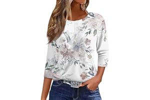 NUMALLER 3/4 Sleeve Tops for Women Fall Henley Crew Neck T Shirts Button Three Quarter Length Blouses Dressy Cute Shirts