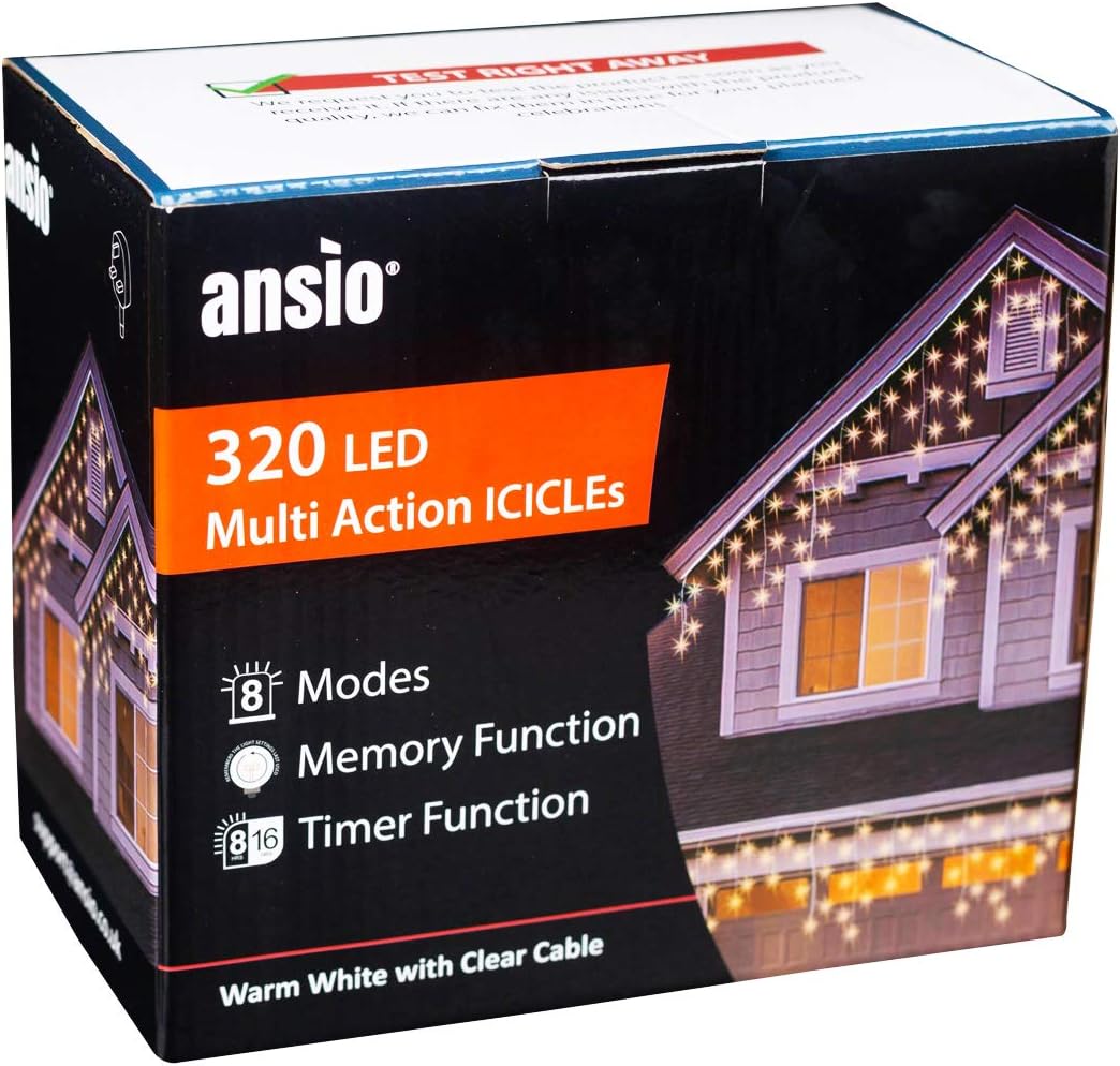 ANSIO Icicle Lights 320 LED 11m/35ft Indoor & Outdoor Warm White Decorations String Fairy Lights with Timer for Xmas Garden Bedroom & Party