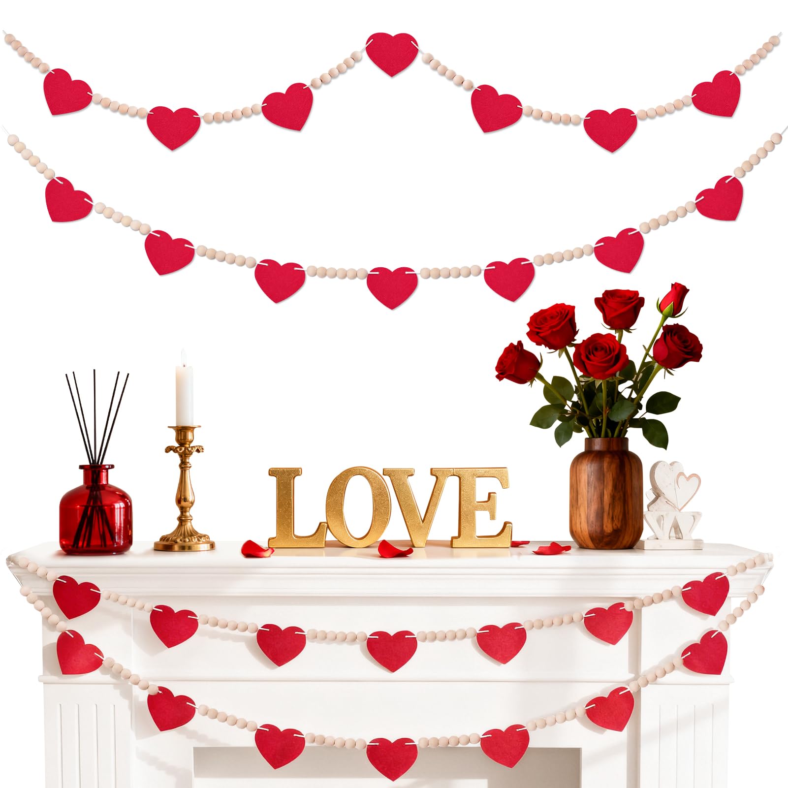 Photo 1 of 2 Pack Valentines Day Decorations Heart Garland Banner Felt Hearts and Beads Pre Strung Galentines Banner for Home Wedding Party