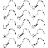 MILACOLATO Hypoallergenic Nose Rings for Women Men - 15Pcs 316L Surgical Stainless Steel Nose Rings Studs L Shaped/Corkscrew/Straight Studs Rings Cubic Zirconia Labret Lip Nose Nostril Piercing Jewelry 18G 20G