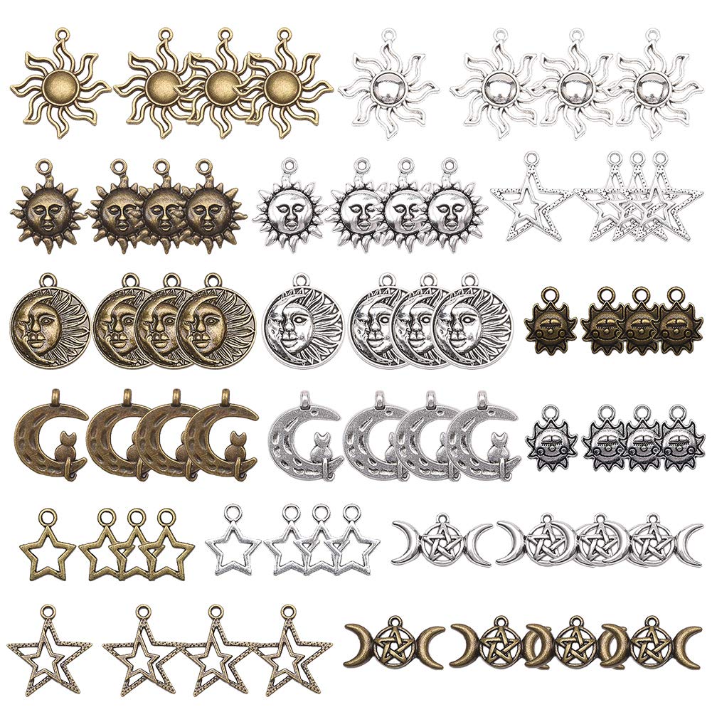 SUNNYCLUE 64pcs 16 Styles Star Sun Moon Charms Pendants for DIY Necklace Bracelet Jewellery Making, Antique Silver & Antique Bronze