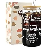 Mikopei Best Friend Birthday Gifts for Women Friendship - Happy Birthday to My Bestie Glass Cups with Lids and Straws, Funny Presents for Bff Friends Coworkers Unique, Cute Iced Coffee Cup, 16 oz
