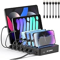 G-Cord 6 Port Multiport USB Charging Station, Detachable Desktop Docking Station for Smartphone & Tablet with 6 Pack Mixed Ca