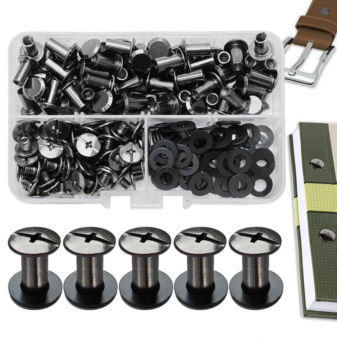 SHSMPXOY 80 Set Chicago Screws Posts for Leather Rivets M5*10mm Chicago Book Binding Screws Rivets Cross Head Chicago Button Screws for DIY Book Scrapbook Bookbinding, Bags,Collars(Gloss Black)