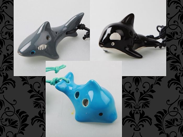 Holiday special! 4 Holes Novelty Pendant Ceramic Ocarina - Great Gift, Dexterous, Easy to Carry and Learn. Linn's Arts! (Dolphin + Whale + Shark)
