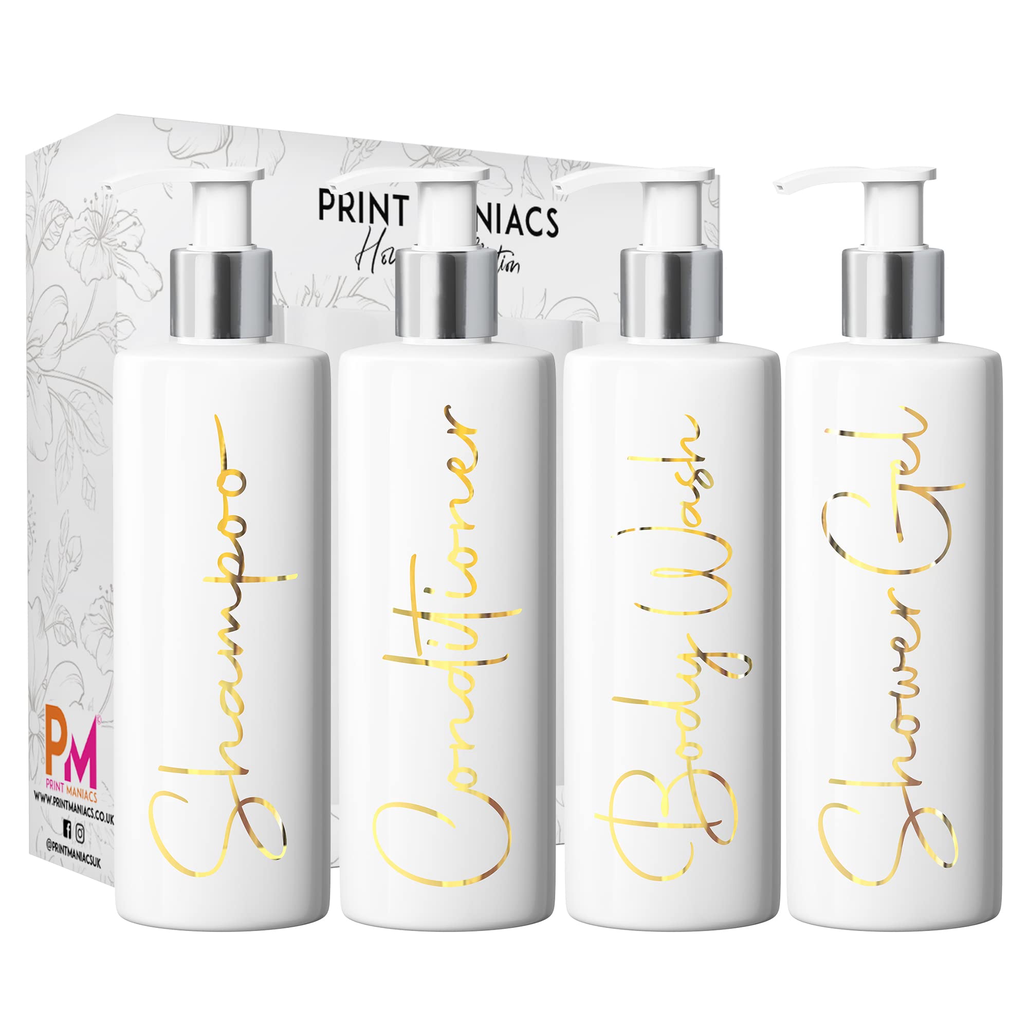 Print Maniacs White Mrs Hinch Inspired Personalised 500ml Pump Bottles Bathroom Lotion Kitchen Set Shampoo Conditioner ( Shower Gel Set, F2 ) (Gold)