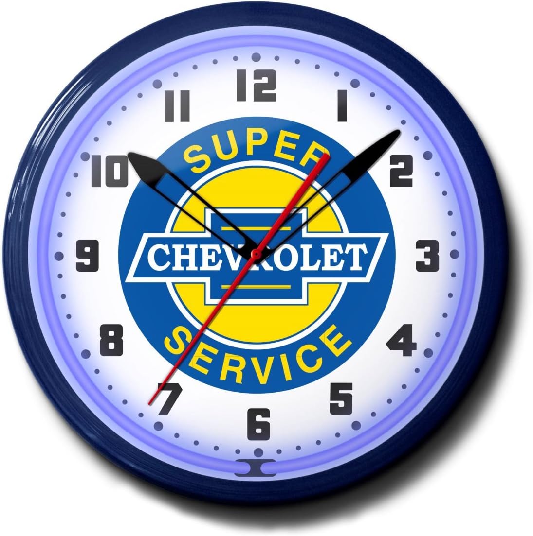 Super Chevrolet Service Chevy GM Emblem Neon Wall Clock 20" Made In USA, 110V Electric, Aluminum Spun Case, Powder Coated Finish, Glass Face, Brass Movement, Pull Chain, 1 Year Warranty