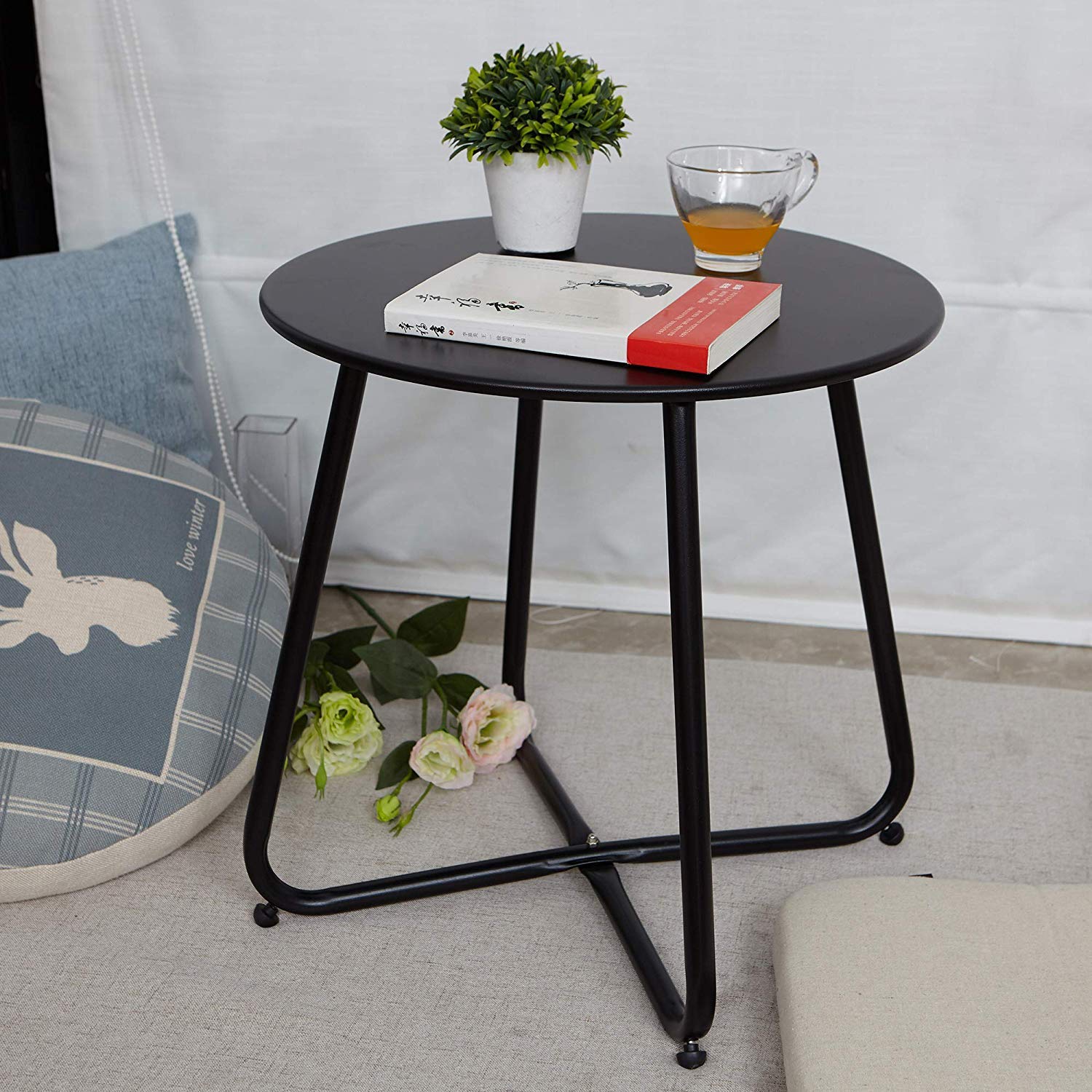 Grand Patio Steel Patio Coffee Table, Weather Resistant Outdoor Side Table, Small Round End Tables, Black