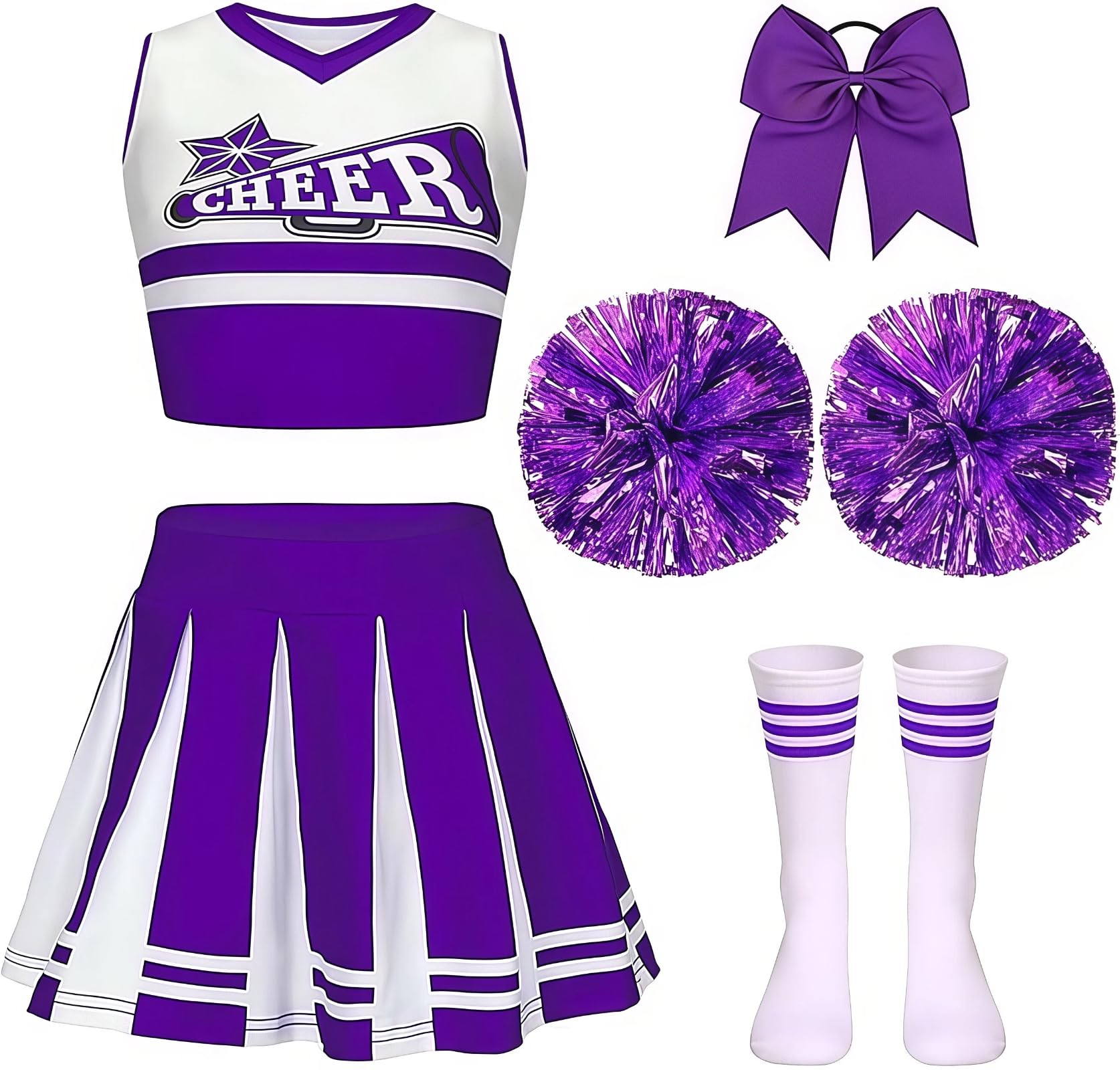 Gekyve Girls Cheerleading Costume for Kids – Cheer Uniform with Pom Poms, Socks & Hair Bow, Sleeveless Cheer Outfit for School Sports Events, Carnival, Masquerade & Halloween Dress Up
