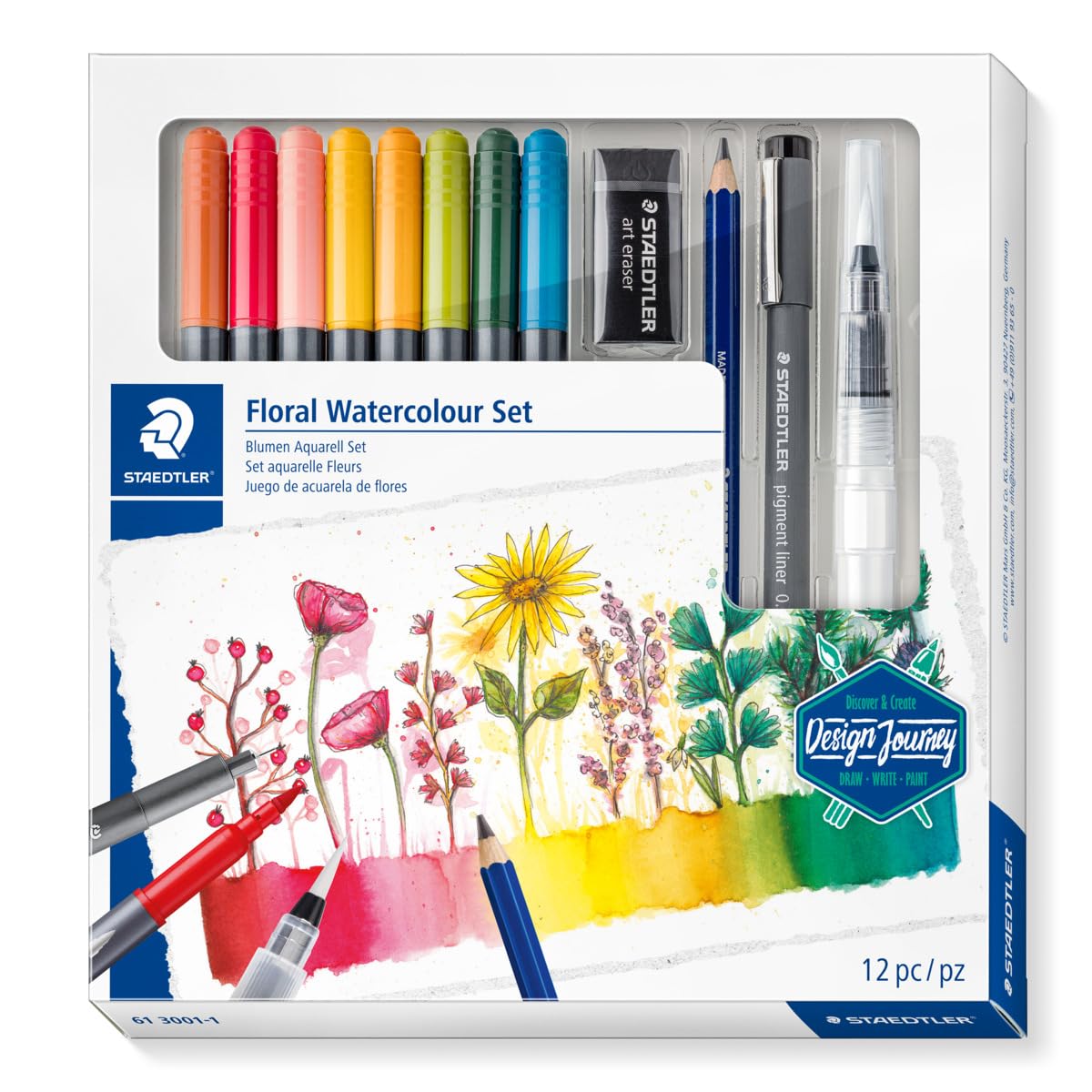 STAEDTLER 61 3001-1 Design Journey Floral Watercolour Set - Mixed Set (Pack of 12 Pieces), black