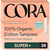 Cora Organic Cotton Tampons (36 Super Plus Tampons) | Comfortable Leak Protection, Expands to Your Shape, Made Without Chlorine, Pesticides, or Rayon, Organic Cotton Feminine Care