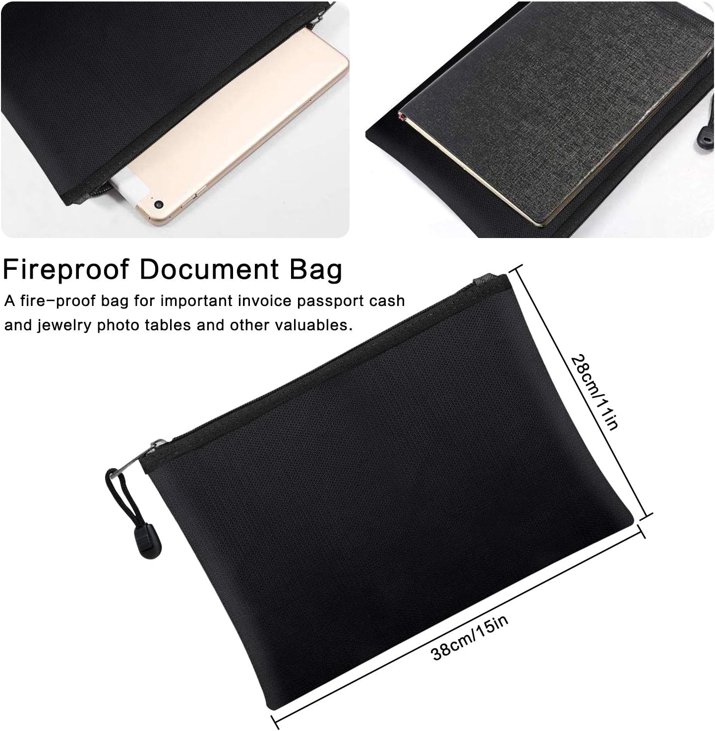 Fireproof Document Bags,15”x 11” Large Waterproof and Fireproof Folder Money Bag, Fireproof Safe Storage Pouch with Zipper for A4 Letter Size Document Holder,File,Cash,Tablet,Passport and Valuables: Office Products