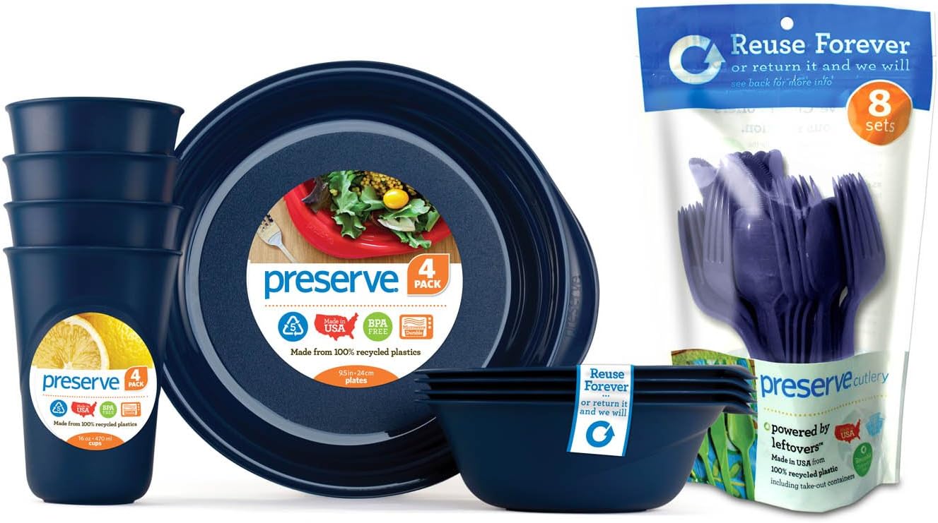  | Preserve Reusable BPA Free Everyday Tableware Set with Cutlery Made from Recycled Plastic: 4 Plates, 4 Bowls, 4 Cups and 24 pieces of Cutlery, Midnight Blue: Dinnerware Sets