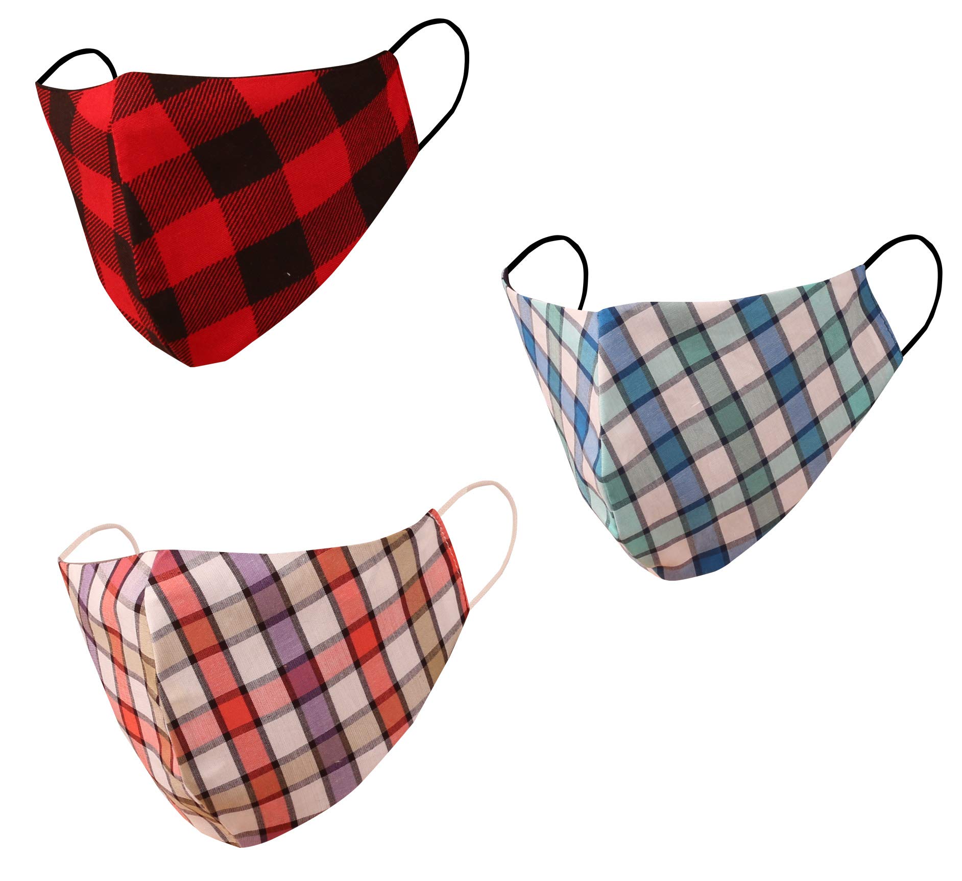 Touchstone Checked Cotton Face Masks Small Size Reusable Washable Handcrafted Double Layer for women, men. (Pack of 3). Blue Red Black โ image 1