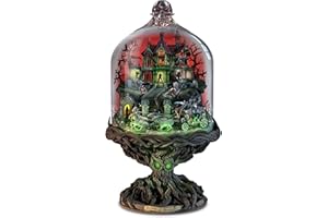 The Bradford Exchange Dome of Doom Illuminated Sculpture Featuring A Haunted House Scene with A Flickering Green Glow Encased Inside A Glass Dome ATOP A Gnarled Tree Base