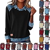 Sweatshirt for Women Denim Print Patchwork Lapel Collar Pullover Long Sleeve Casual Shirt Color Block Tops
