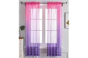WPM WORLD PRODUCTS MART WPM Pink Purple Ombre Sheer Curtains for Kids playroom 2 Panels Rod Pocket Bedroom Window Semi Voile Drapes Faux Linen Décor Girls Livingroom Room Decoration Party (Pink and Purple, 54 x 84 Inch)