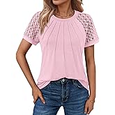 AUTOMET Women's Lace Short Sleeve Business Casual Top, Blouse with Unique Front Seam Detail Shirts