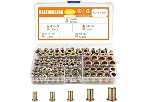 BLAZINGSTAR #8-32#10-24 1/4"-20 5/16"-18 3/8"-16 Carbon Steel UNC Rivet Nuts Assortment Kit, Yellow Zinc Plated Finish, Flat Head Threaded Insert Nut Assort