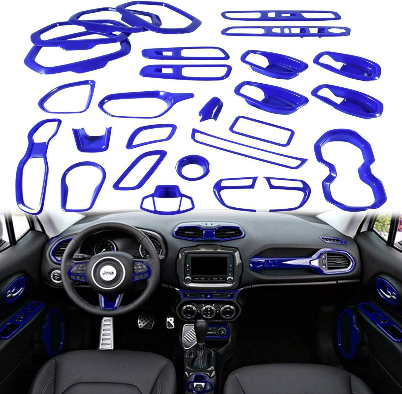 Yoursme Blue Car Interior Accessories Decoration Cover Trim Kit 31PCS Air Conditioning Vent & Door Speaker & Water Cup Holder & Passenger Side Grab Handle Covers for Jeep Renegade 2015-2020