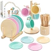 GAGAKU Kids Wooden Play Dishes Set -27Pcs Montessori Play Kitchen Accessories Plates and Bowls Set, Storage Stand & Play Food, Pretend Cooking Toys for Ages 3-5, Educational Gift for Toddler