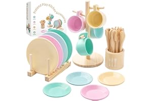 GAGAKU Kids Wooden Play Dishes Set -27Pcs Montessori Play Kitchen Accessories Plates and Bowls Set, Storage Stand & Play Food, Pretend Cooking Toys for Ages 3-5, Educational Gift for Toddler