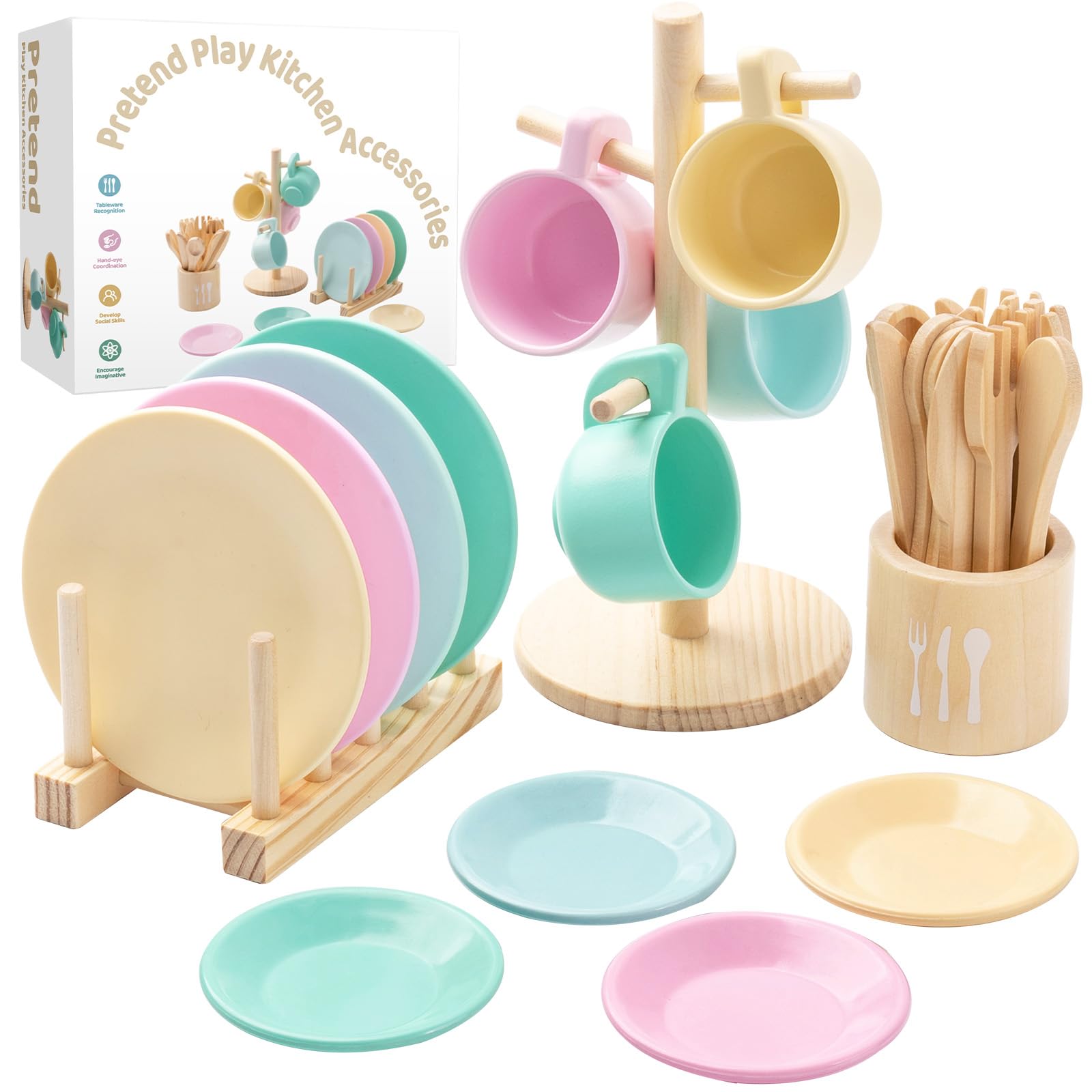 GAGAKU Wooden Play Kitchen Accessories 27 PCS Wood Toy Food Set for Kids Kitchen with Pots and Pans Role Play Cooking Toy Dishes and Plates Tea Set for Toddlers (Neutral)