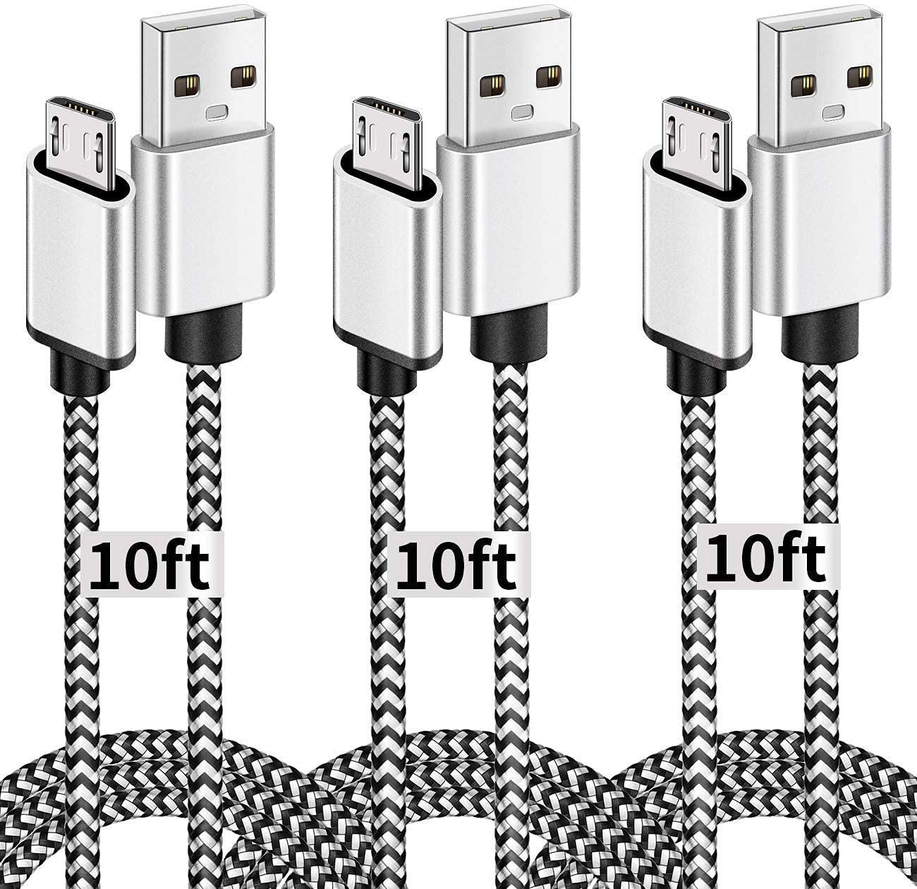 Micro USB Cable, 10ft 3 Pack Extra Long Charging Cord Nylon Braided High Speed Durable Fast Charging USB Charger Android Cable for Samsung Galaxy S7 Edge S6 S5,Android Phone,LG