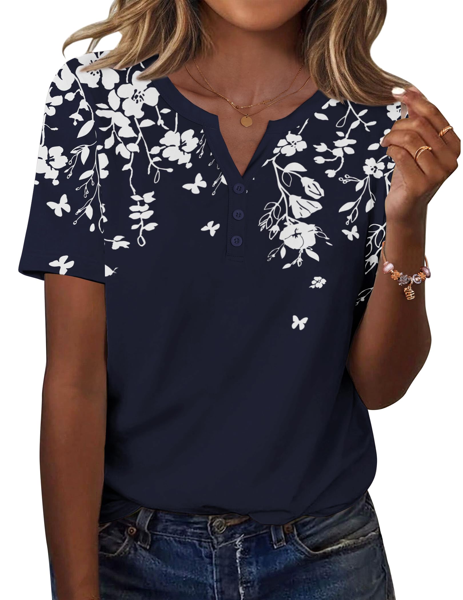 Photo 1 of Zeagoo Womens Top Short Sleeve Summer Shirts V Neck Navy Floral Blouses 2025 Business Work Clothings