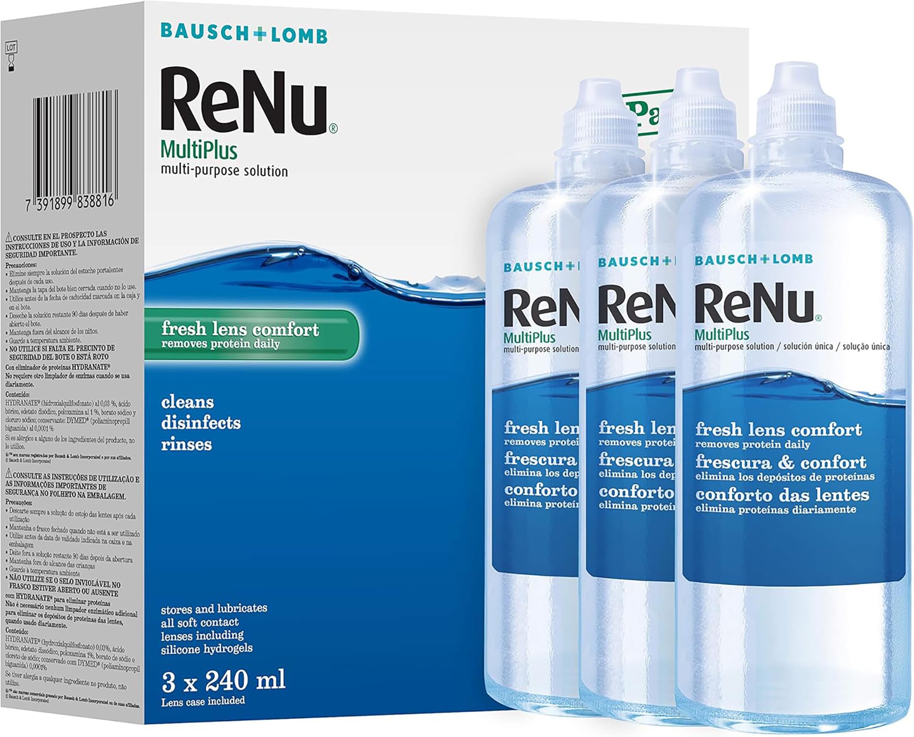 ReNu MultiPlus Multi-Purpose Contact Lens Solution, 3 x 240ml, for Soft Contact Lenses, Moisturise, Remove Protein, Clean, Disinfect, Lubricate, Rinse and Store Your Lenses, Lens Case Included