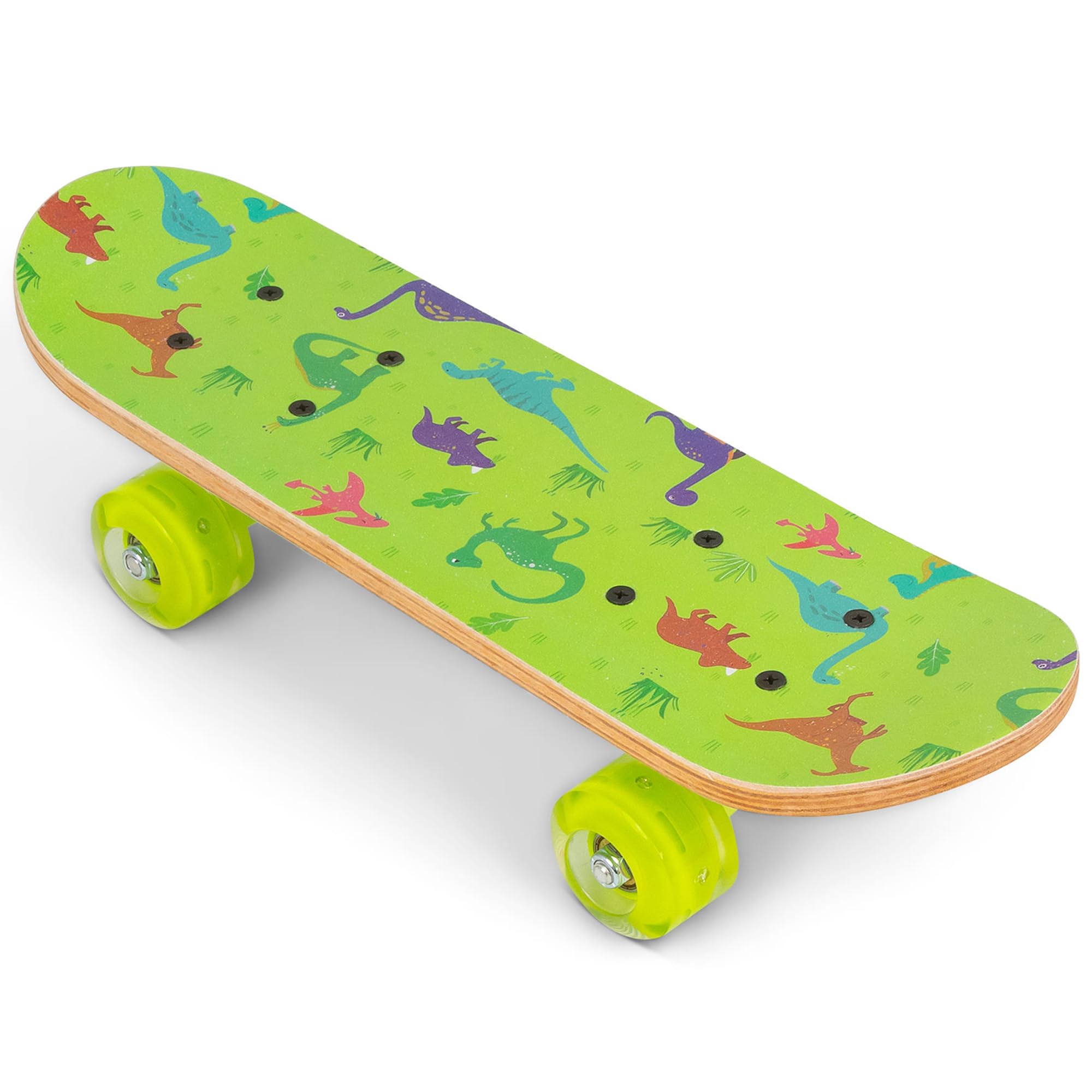 OzBozz DINOSAUR SKATEBOARD WITH FLASHING WHEELS - 17 INCH Deck - Adorable Dino Decoration - Wheels Light Up When Moving, Assorted Designs and Colours