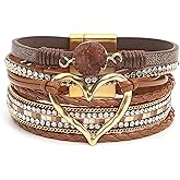 Love Heart Leather Boho Trendy Wrap Stackable Multilayer Bracelets Wide Cuff Bangle Jewelry Gift For Women
