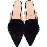 Fericzot Slip On Mule Backless Loafers Flats Puff Pompom Pointed Toe Casual Shoes Slippers