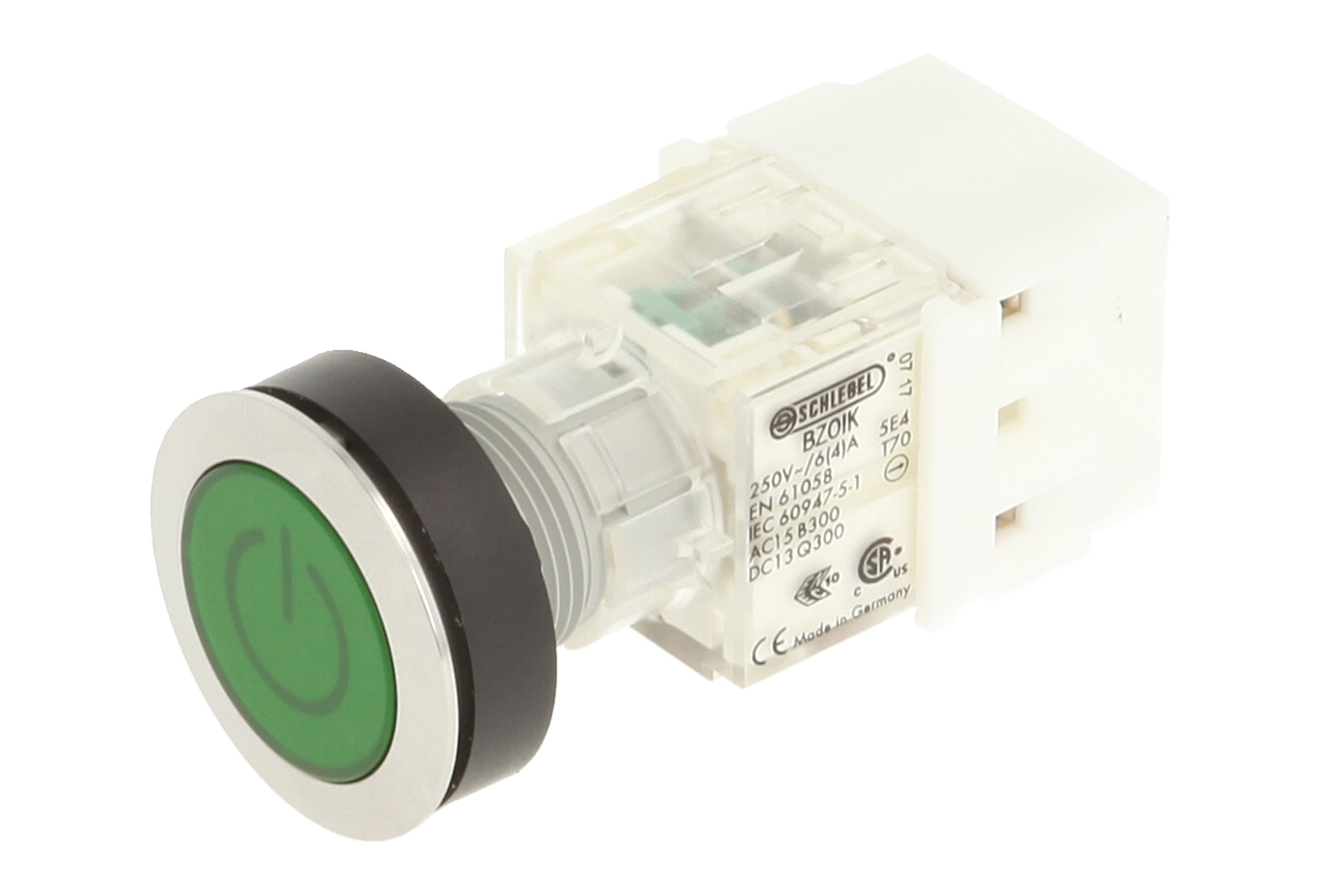 Schlegel 23.000.781 Push Button Stainless Steel, Green Button Cap, Label Symbol On/Off, Push Contact Sensor 1 Opener/1 N/O Contact, Screw Connection