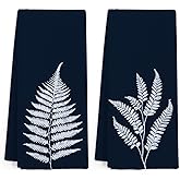 Gnmduw Navy Blue Fern Decorative Hand Towels for Bathroom, Blue Farmhouse Floral Kitchen Towels, Minimalist Floral Hand Towel Set of 2, Blue White Flower Dish Tea Towel for Bathroom Decor, 16x24 Inch
