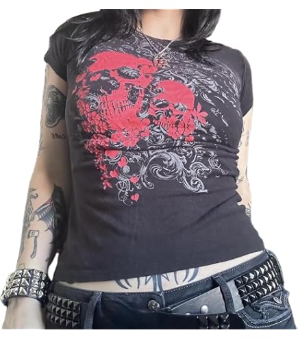 Women's Gothic Crop Tops Skull Print Short Sleeve Round Neck T