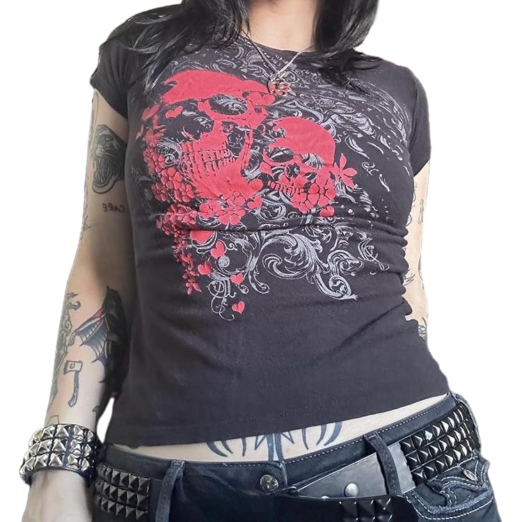 Mxiqqpltky Y2k Gothic Graphic Tee Tops Women Vintage Skull Print