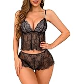 Kolagri Lingerie for Women Sexy Lace Pajamas Set Floral Sheer Sleepwear Mesh See Through Cami Shorts Set