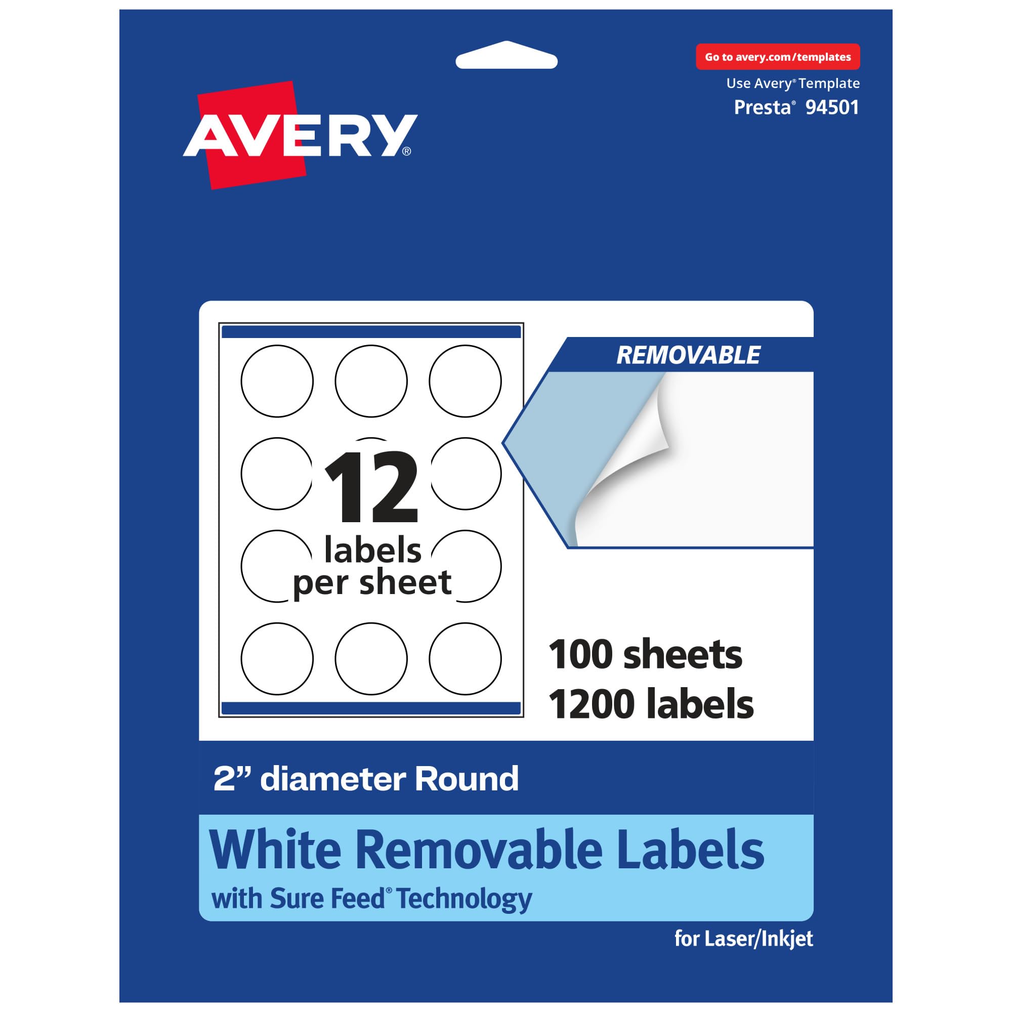 Avery Matte White Removable Round Labels, Sure Feed Technology, Print-to-The-Edge, 2" Diameter, 1,200 Removable Labels, Laser/Inkjet Printable Image
