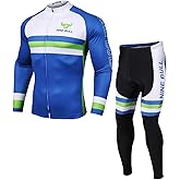 Men's Cycling Jersey Set - Reflective Quick-Dry Biking Shirt and 3D Padded Cycling Bike Long Pants and Long Sleeves Blue